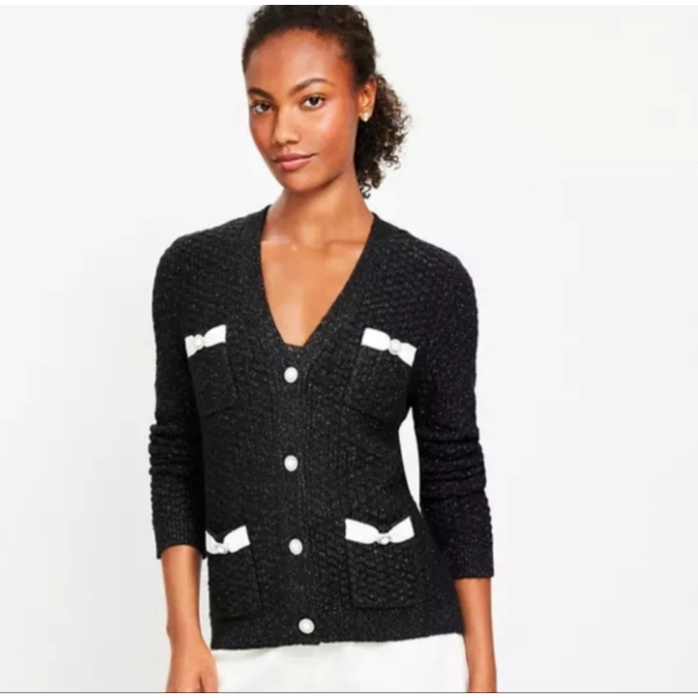 NEW with tags LOFT Black Sparkle Cardigan with White Bows L